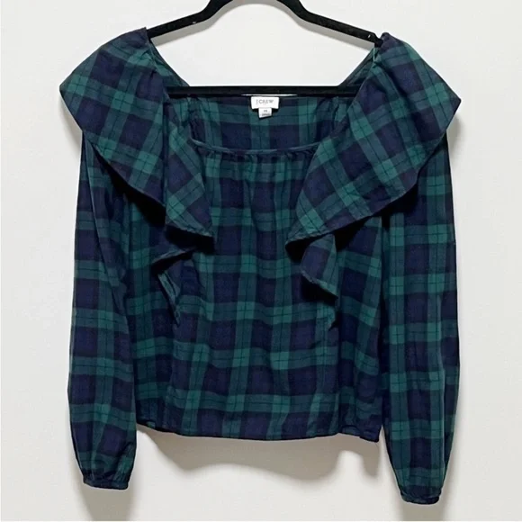 J. Crew Blackwatch Trendy Green Blue Flannel ruffled plaid squareneck ruffle top - Picture 11 of 11